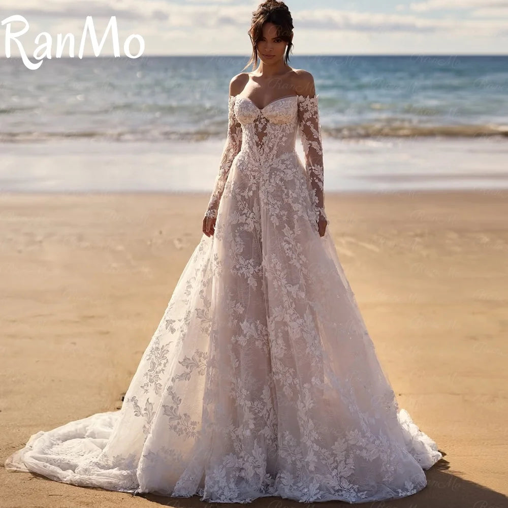 Ranmo New 2025 White A Line Wedding Dress Off Shoulder Long Sleeve Lace Wedding Gowns Luxury Boho Long Bridal Dress Customised - HER SHOP