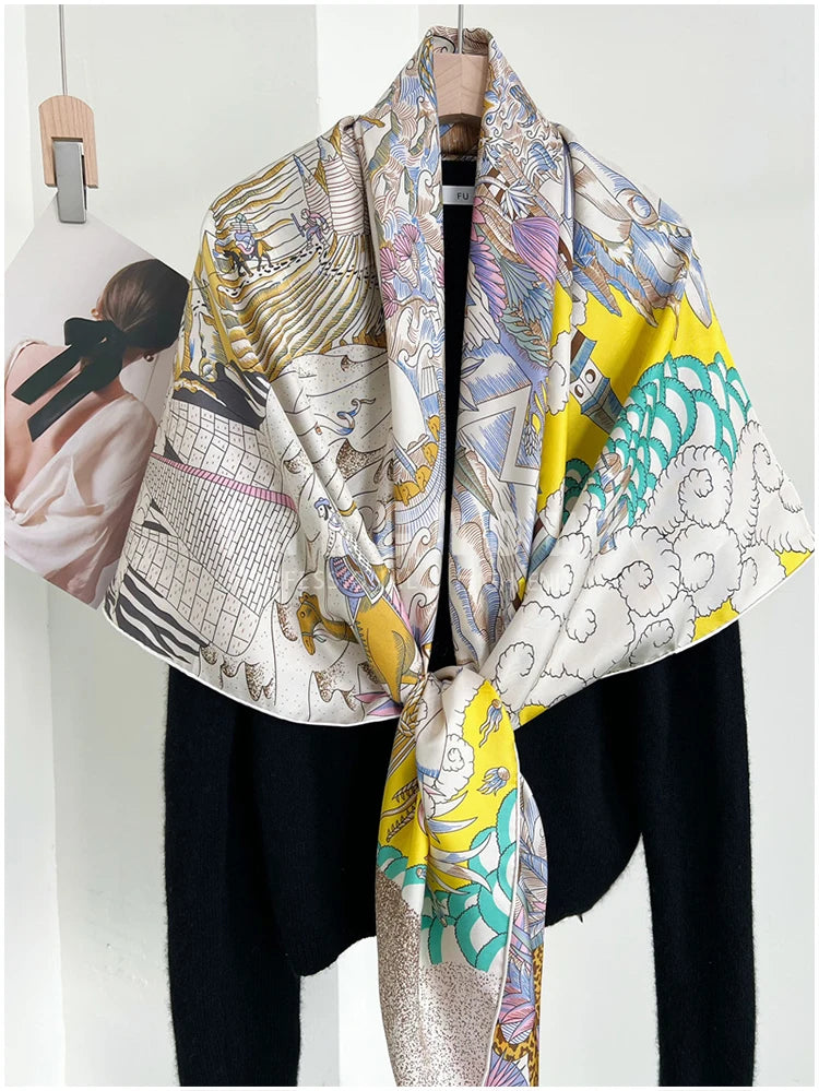Designer Mulberry Silk Scarf 140CM Luxury Designer Large Shawls Poncho Hand-Rolled Edges Stole 135CM 135CM