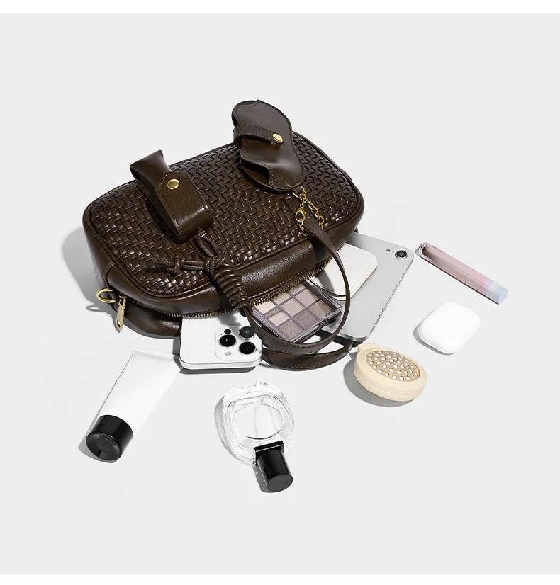 Women's Boston Bag 2025 Fall Winter New Woven Bowling Bag Unique Design Handheld Pack Trendy Light Luxury PU Leather Handbag