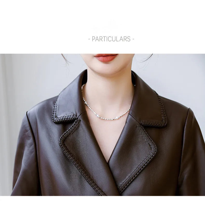Women's Genuine Leather Trench Coat Lace-Up Long Slim Fit Spring Autumn Sheepskin Top