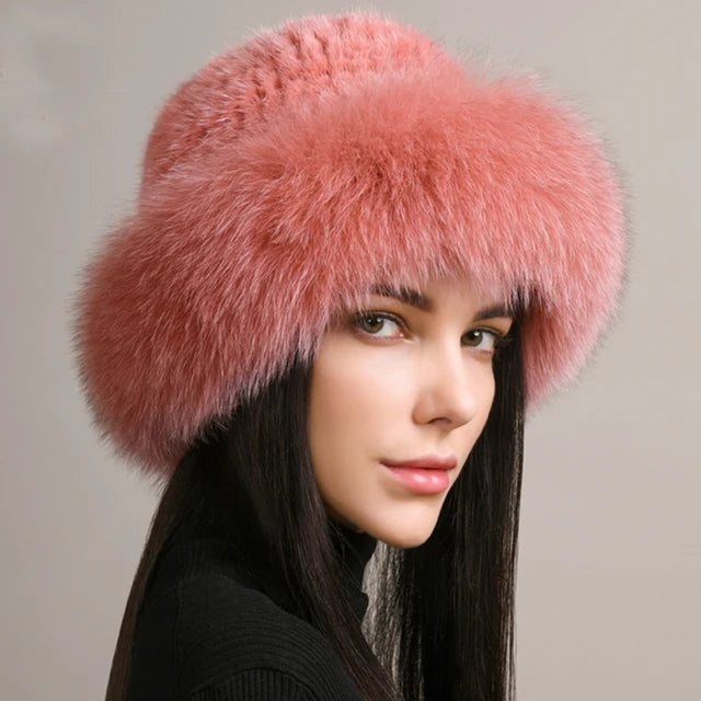 Luxury Knitted Mink Fur Hat with Real Fox Fur – Handmade Winter Fashion for Women