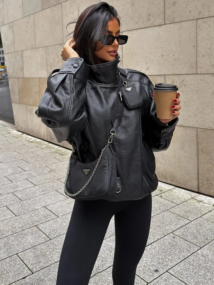 Trendy Solid PU Leather Moto Jacket for Women – Winter 2025 Turtleneck Retro Asymmetrical Vintage Coat