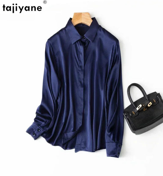 Tajiyane Women's 93% Mulberry Silk 7% Spandex 19 momme satin Silk Buttons long sleeve shirt Top Blouse office work chemise femme - HER SHOP