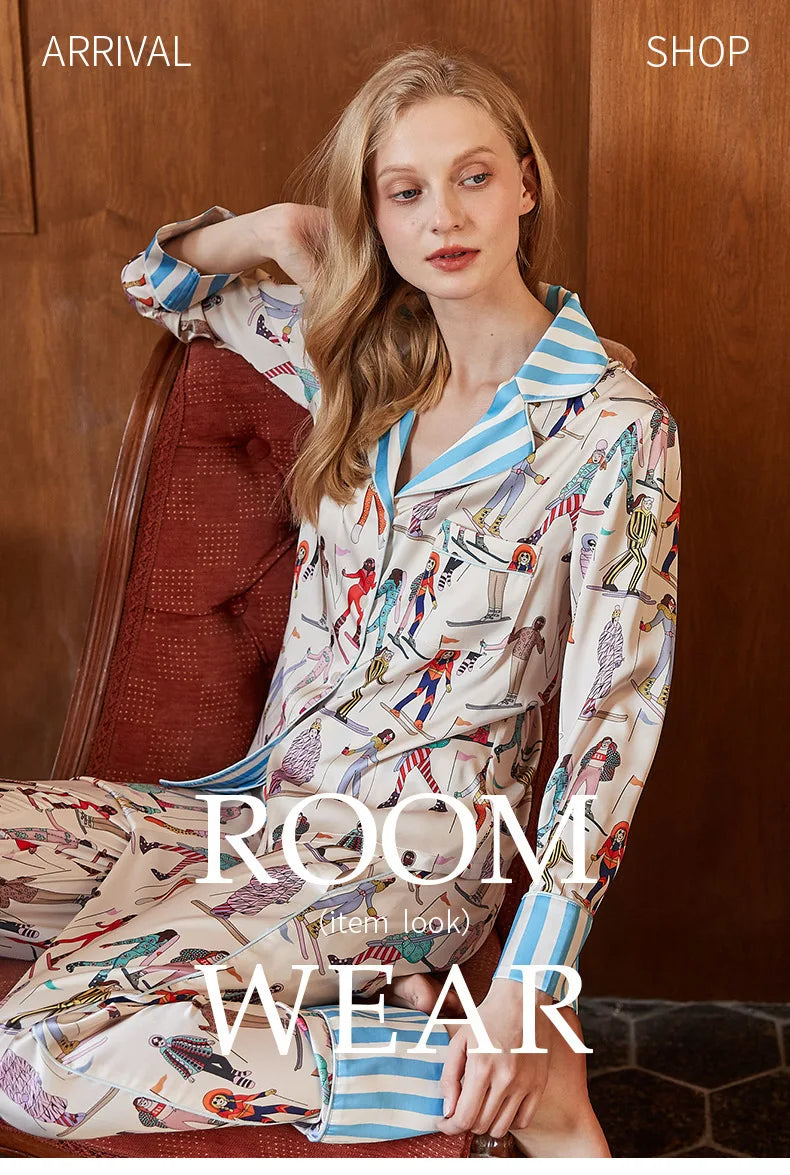 Elegant Pajama Set for Women – Long Sleeve Lapel Home Suit for Spring & Summer
