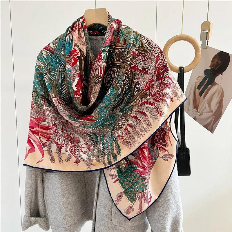 Women’s Classic Large Square Wool Scarf Wrap – Printed Winter Blanket Shawl Cape 135×135cm