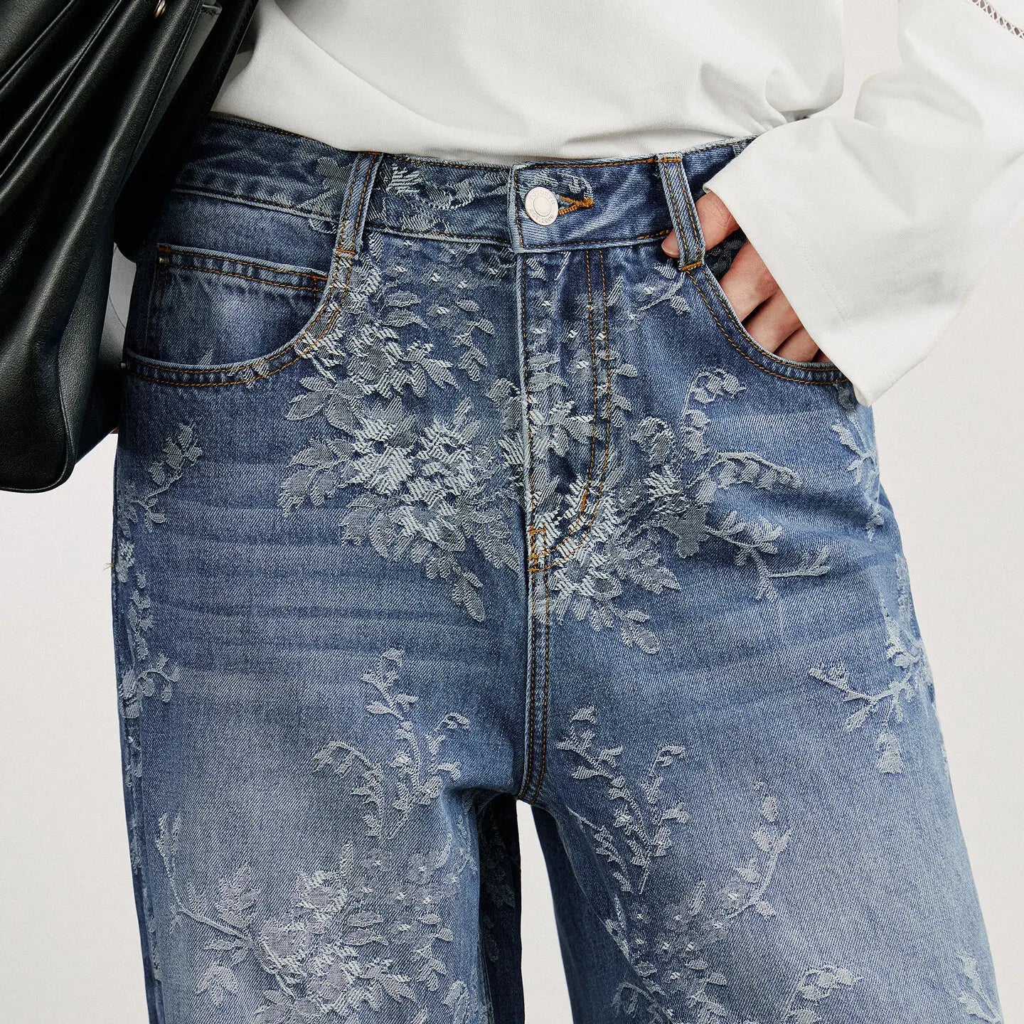 Women’s Cotton Denim Wide-Leg Pants – Autumn Jacquard Straight Jeans | High Street Cowboy Style - HER SHOP