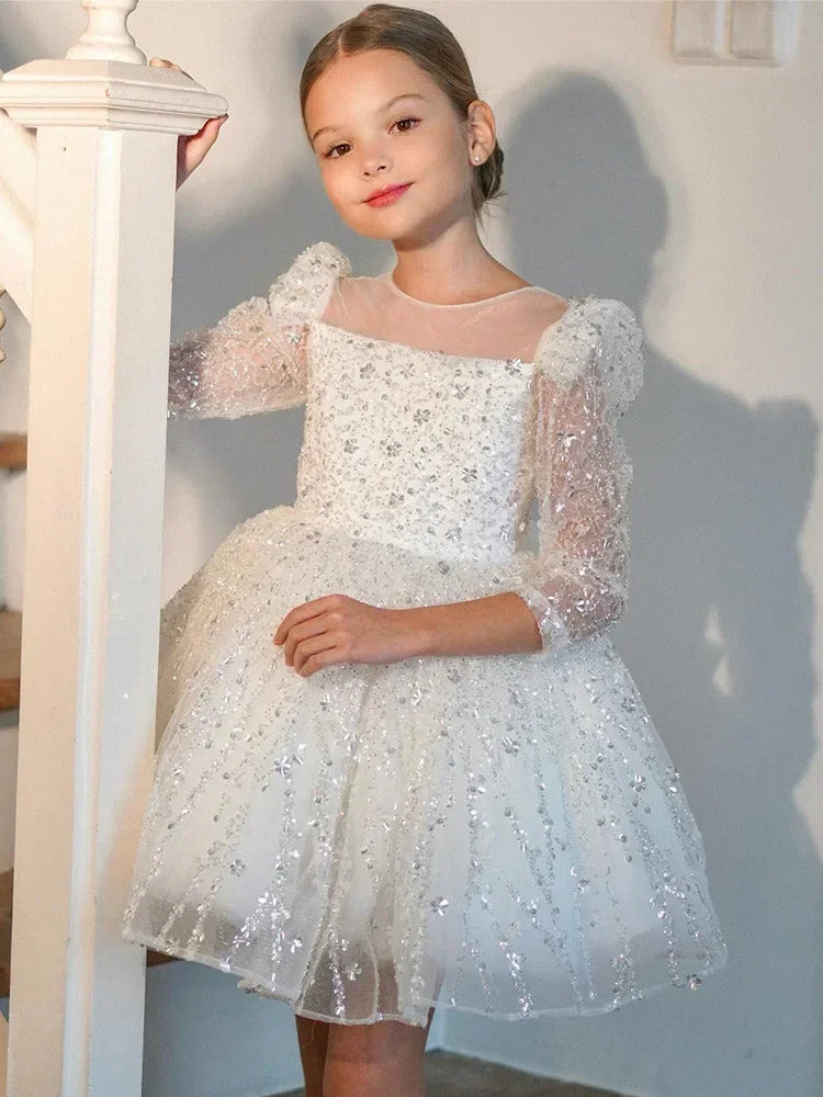 Girls Dress Sequin Mesh Long-sleeved Birthday Party  Outfit Matching BabyProm New children's Clothes Opening Ceremony