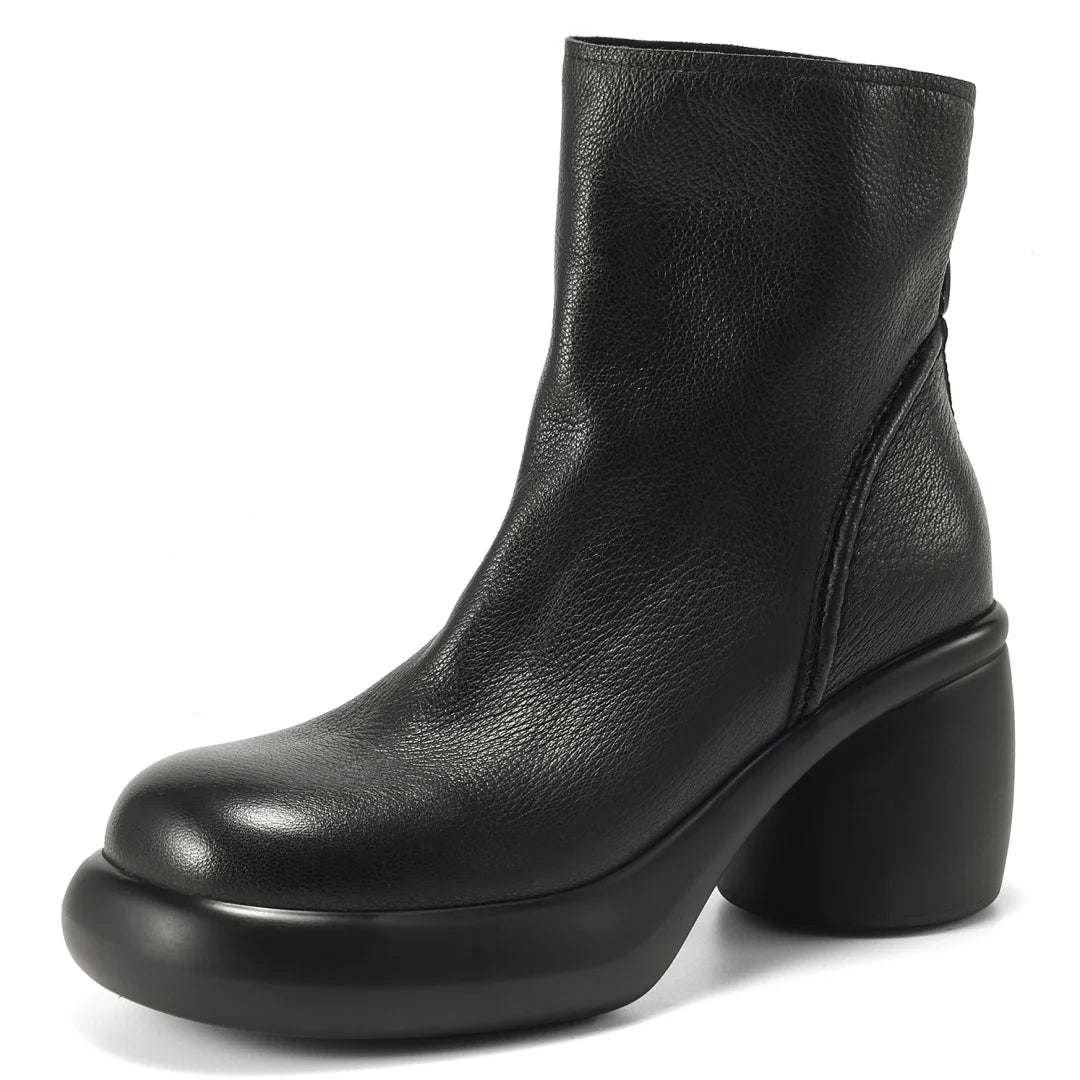 Women’s Sheepskin Chunky Heel Platform Ankle Boots – 7cm Back Zip Autumn Punk Short Booties