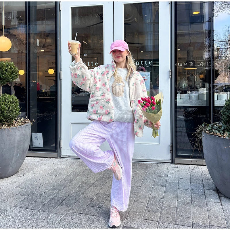 Retro Printed Plush Zipper Short Jacket Women Casual Loose High Neck Pocket Jackets Coat Lady 2025 Versatile Chic Street Outwear