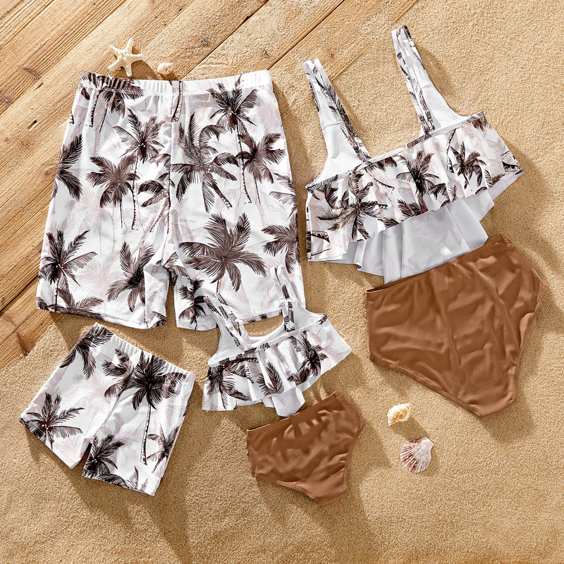 Family Matching Beach Outfits: Coconut Tree Print Swimwear – One-piece Swimsuit & Swim Trunks