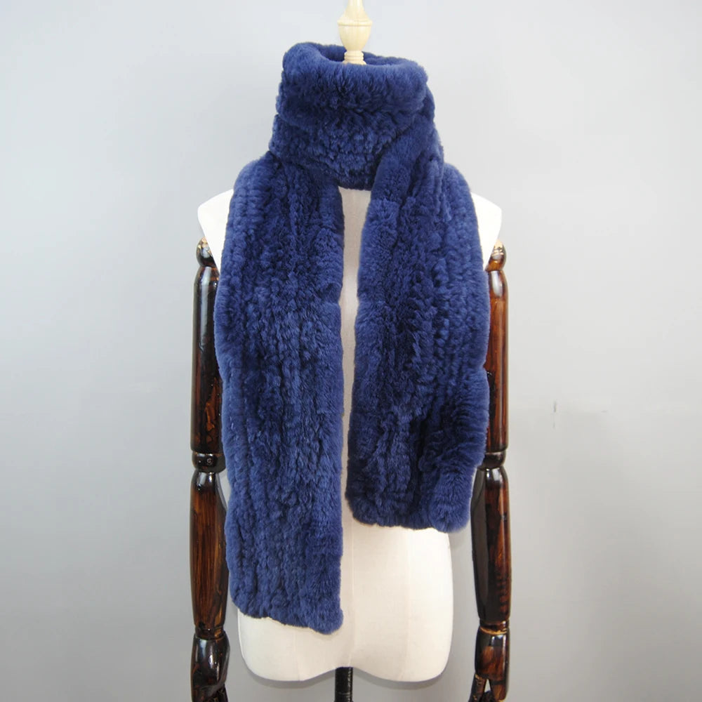 Long Style Genuine Rex Rabbit Fur Scarf– Women's Winter Knitted Ring Scarf & Luxury Muffler