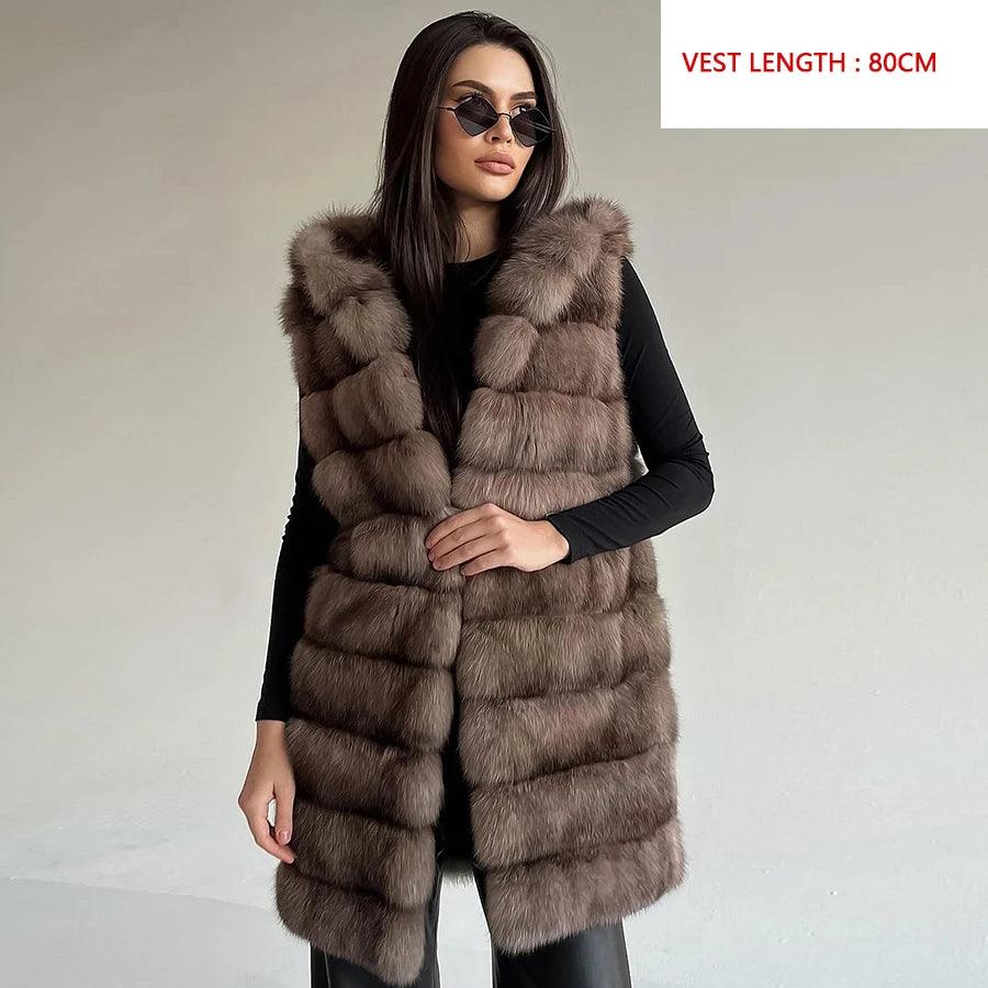 2024 Women's Luxury Fox Fur Vest â€“ Mid-Long Waistcoat J...