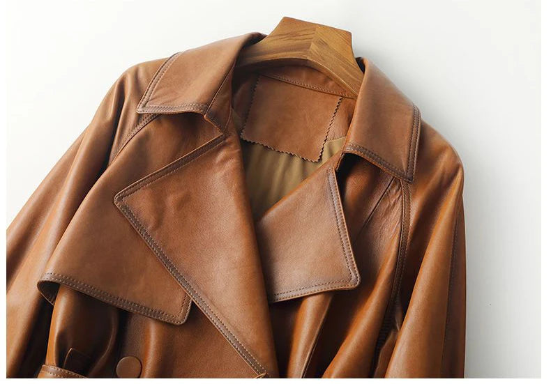Vintage Brown Real Sheepskin Leather Jacket for Women – Lapel Collar Belted Design, First-Layer Leather, Casual Fashion Outerwear