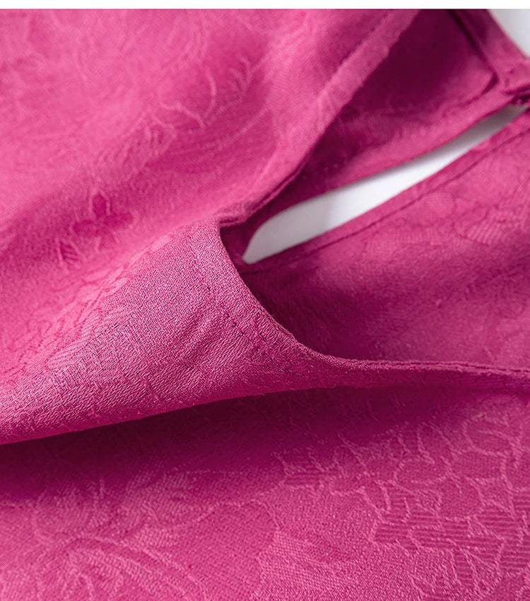 70% Mulberry Silk Cotton Jacquard Blouse – Women’s Hot Pink Long Sleeve Pullover Top