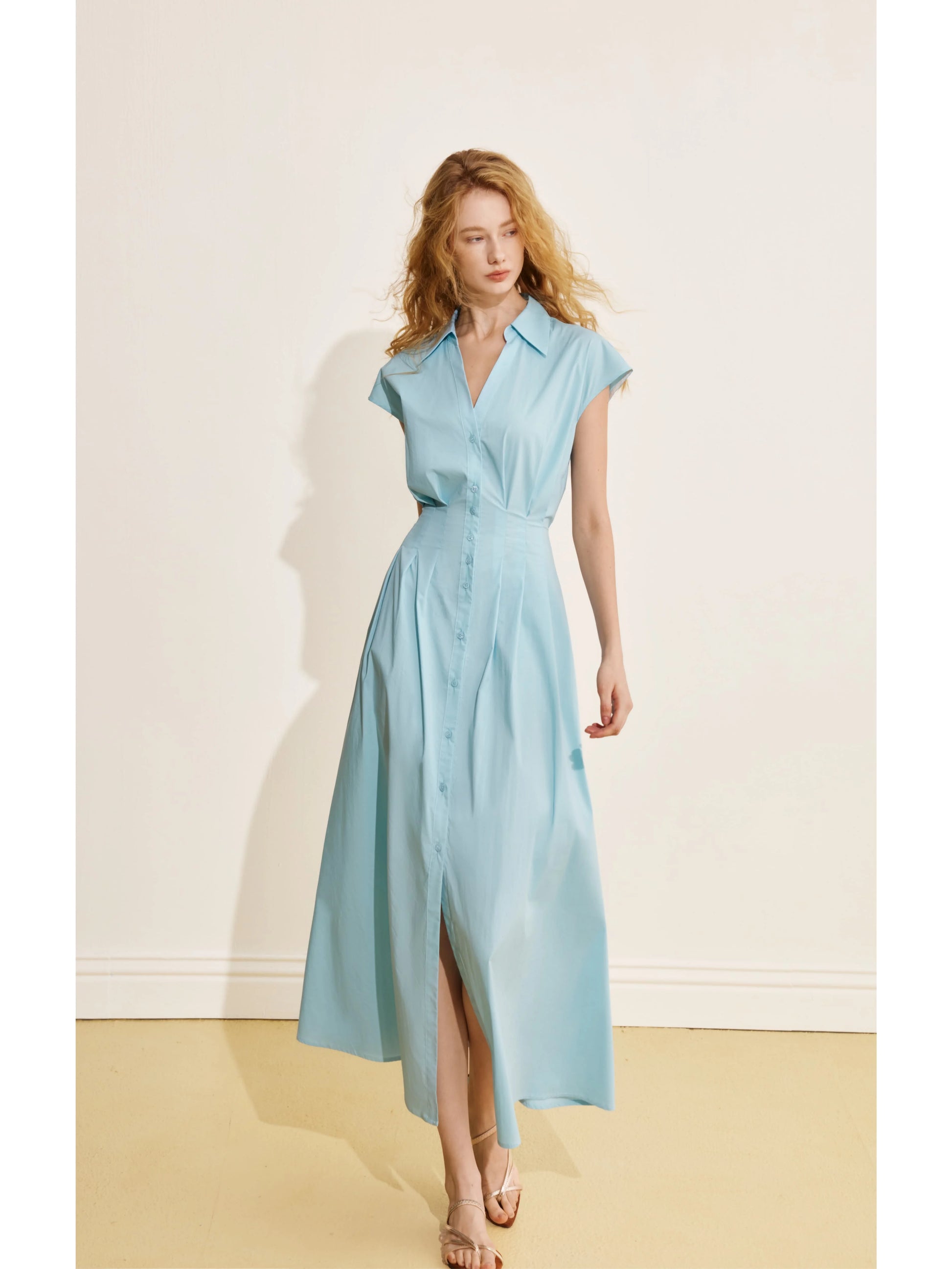Women’s Light Blue Collared Midi Dress – Button-Front Fit-and-Flare Short Sleeve Dress - Blue - M - 176|China Mainland