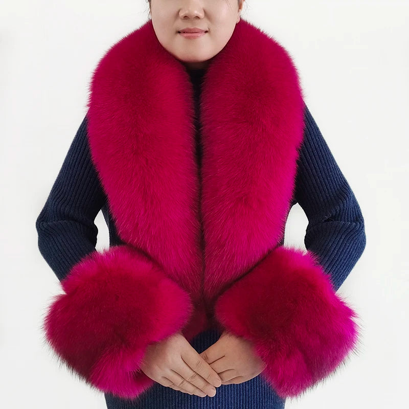 Luxury 100% Natural Fox Fur Scarf & Cuff Set for Women – Authentic Winter Fox Fur Collar, Ultra-Warm Neck Warmer