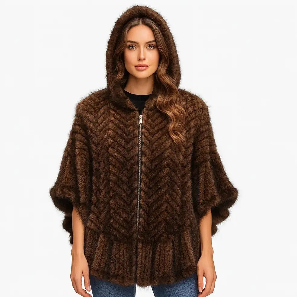 Luxury Real Knitted Mink Fur Cape with Hood – Ruffle Shawl Zipper Wrap for Women (Plus Size) - HER SHOP