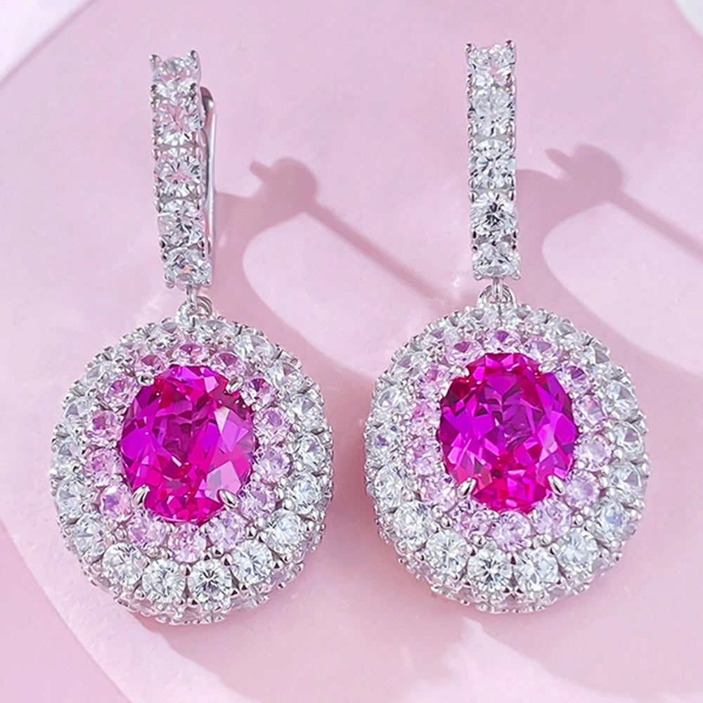 100% 925 Sterling Silver  8-M Oval Lab Sapphire Drop Earrings High Carbon Diamond Accents | Sparkling Fine Jewelry for Women - HER SHOP