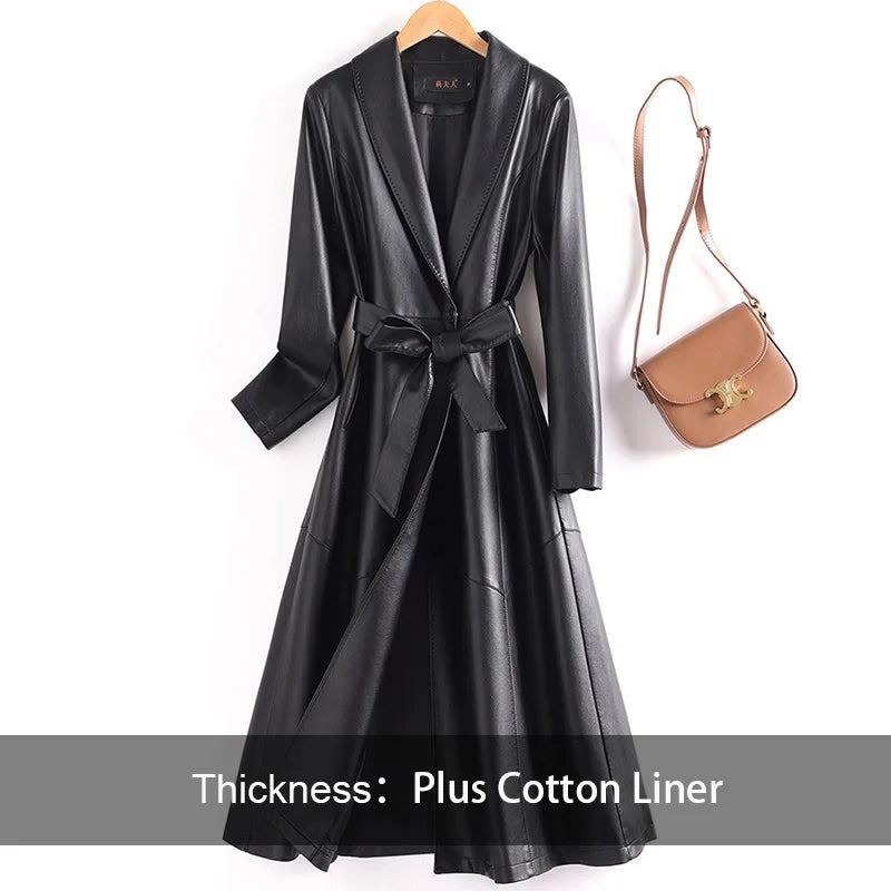 New Elegant Women’s Split Leather Trench Coat | Slim Waist Belted Long Coat with Suit Collar | Spring & Autumn Fashion Casual Outerwear