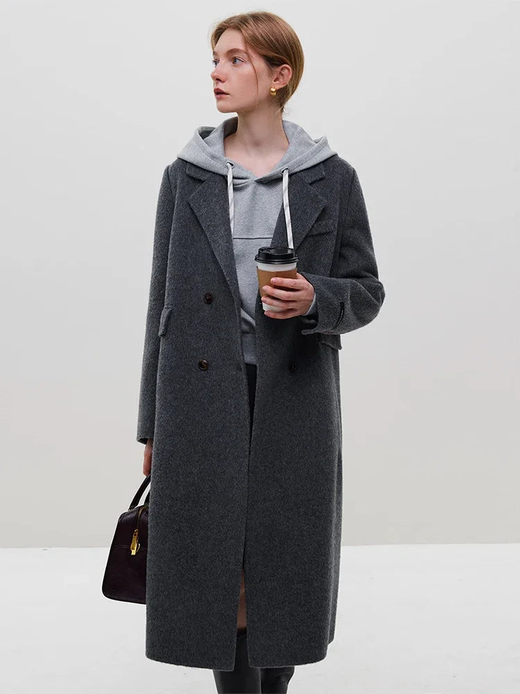 Her Shop 100% Wool Dark Grey Winter Mid-Length Straight Wool Coat - Simple Notched Collar, Temperament Shoulder Design