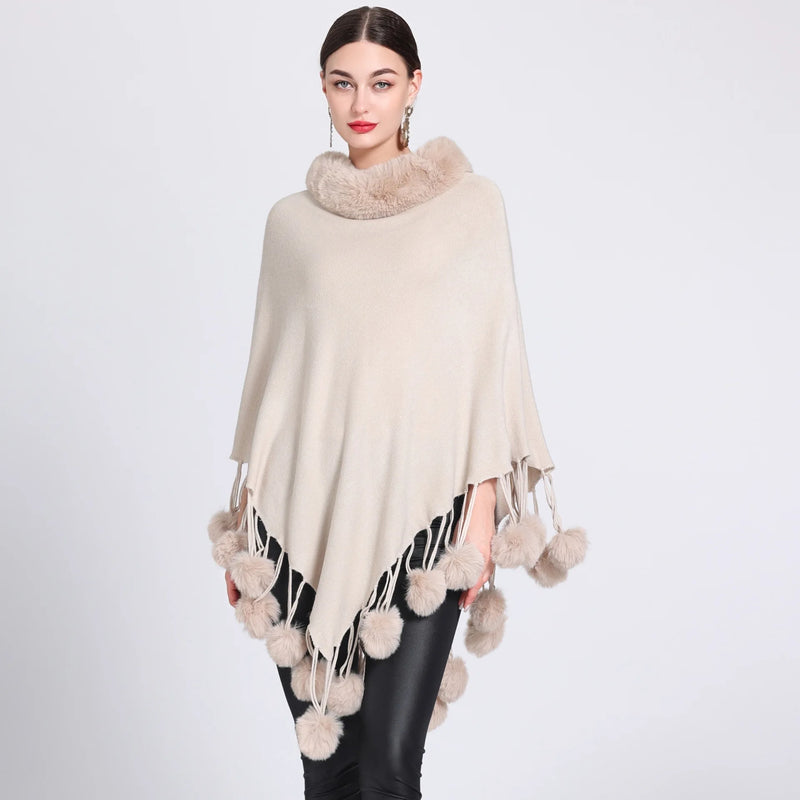 Women's Asymmetric Poncho Scarf with Fur Ball Decoration - HER SHOP