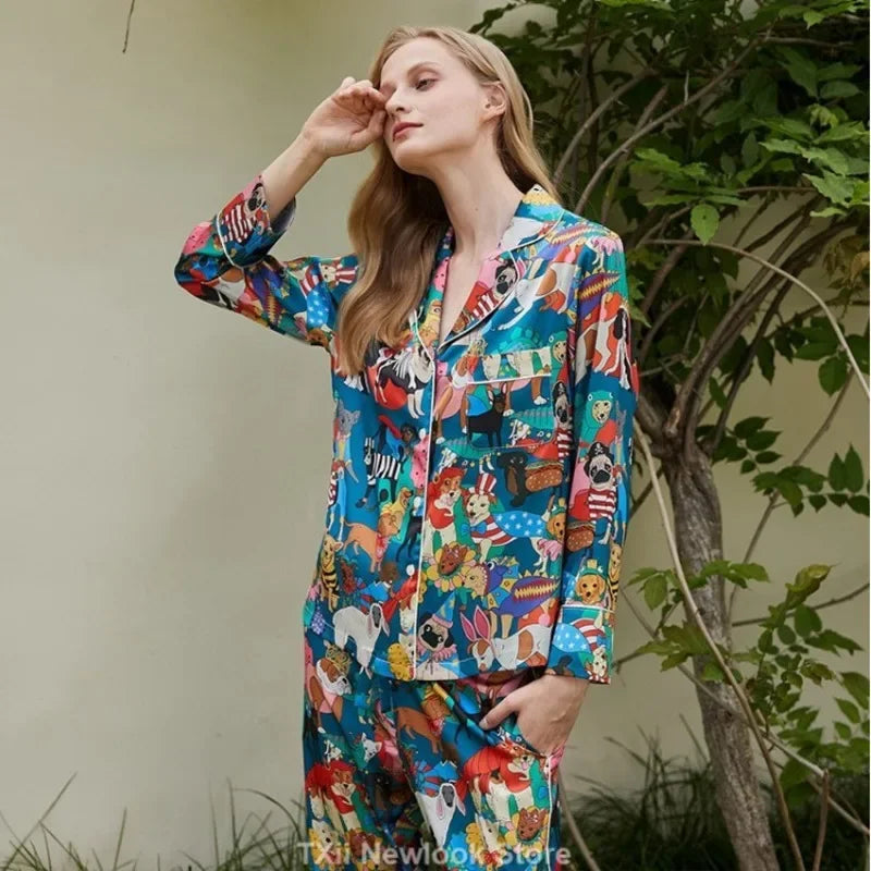 Elegant Pajama Set for Women – Long Sleeve Lapel Home Suit for Spring & Summer