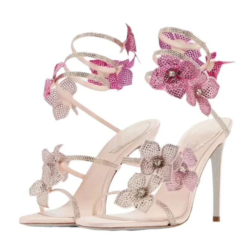 Sexy Crystal Flower High Heel Sandals for Women – Street Style Narrow Band Ankle Strap Party & Dance Shoes - HER SHOP