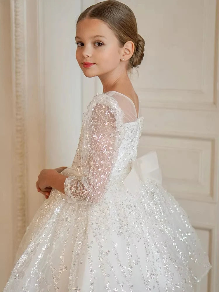 Girls Dress Sequin Mesh Long-sleeved Birthday Party  Outfit Matching BabyProm New children's Clothes Opening Ceremony