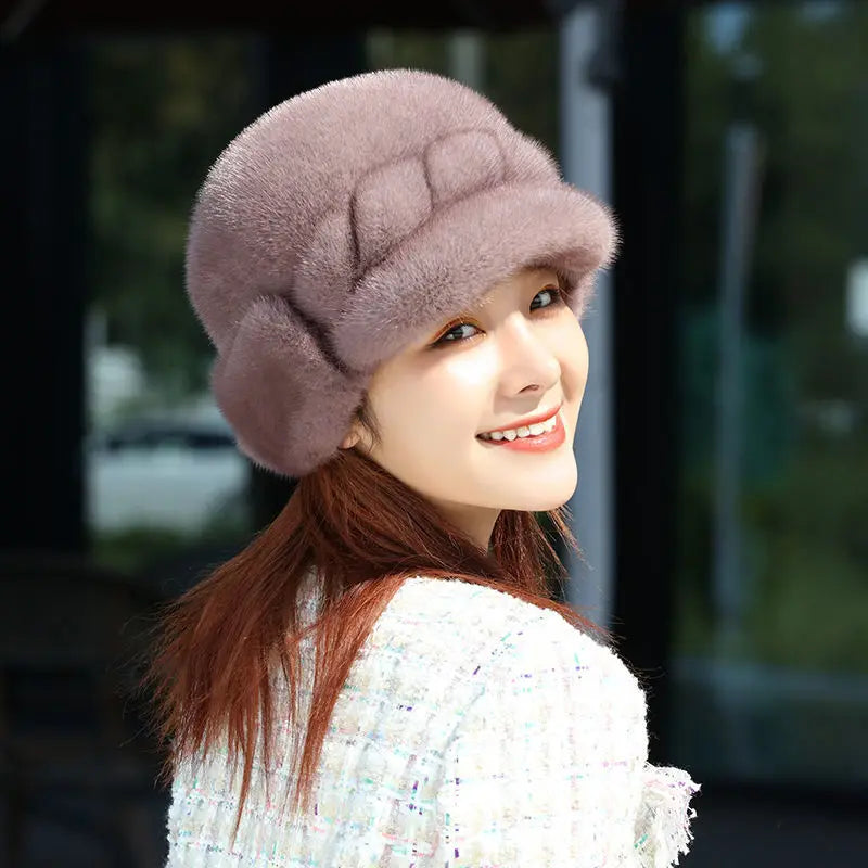 Real Mink Fur Hat for Women – Winter Thickened Whole Mink Fur Fisherman Hat with Ear Protection