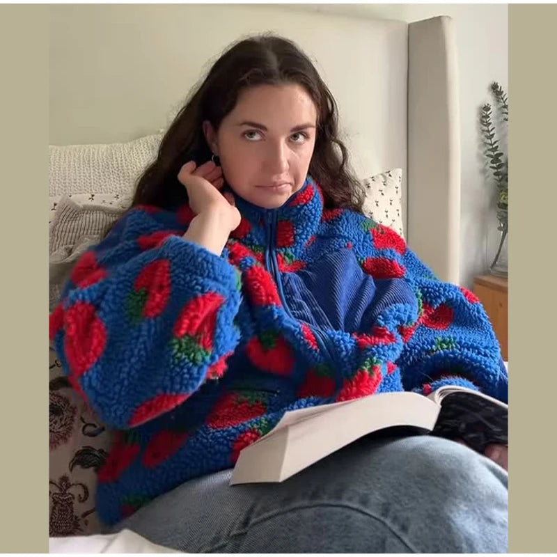 Retro Printed Plush Zipper Short Jacket Women Casual Loose High Neck Pocket Jackets Coat Lady 2025 Versatile Chic Street Outwear