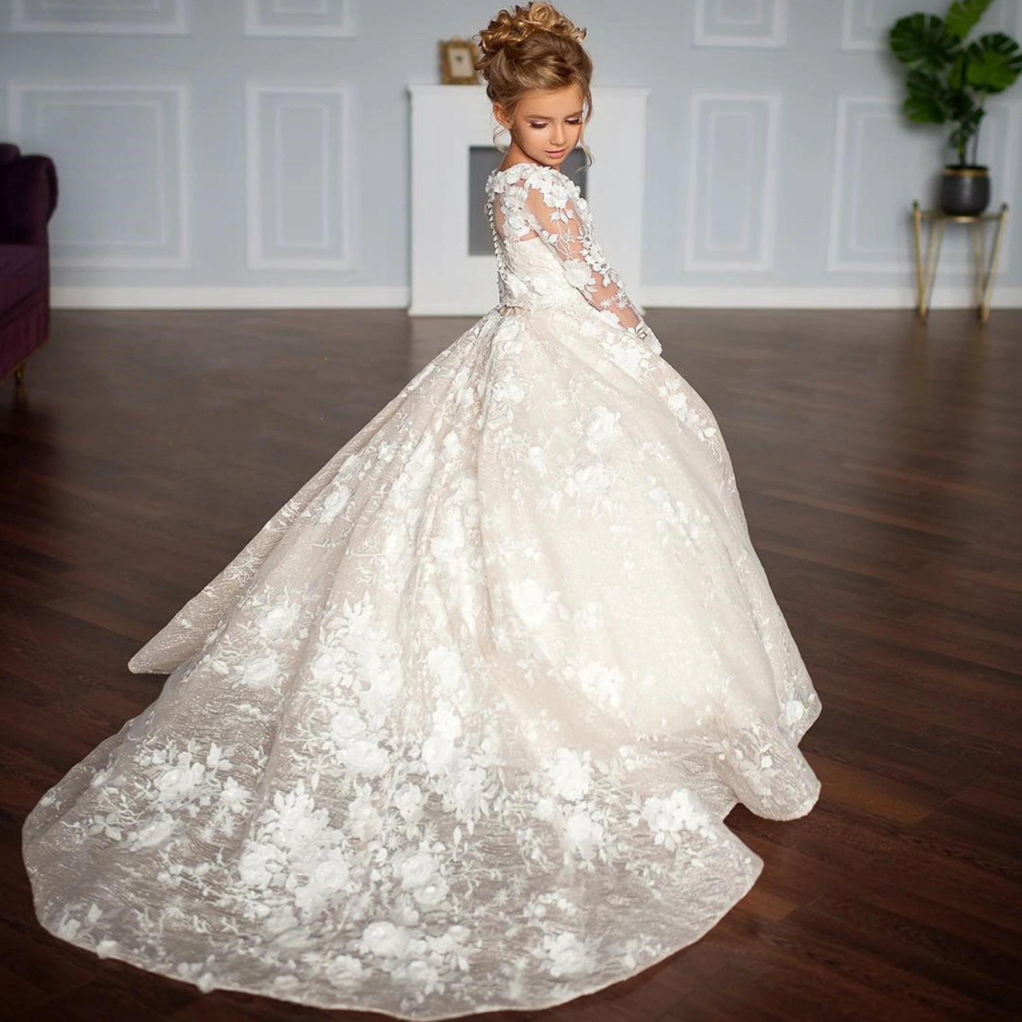 Flower Girl Dress White Tulle Lace Applique Elegant Wedding Litter Flower Child Birthday Celebration Eucharist Party Dress - HER SHOP
