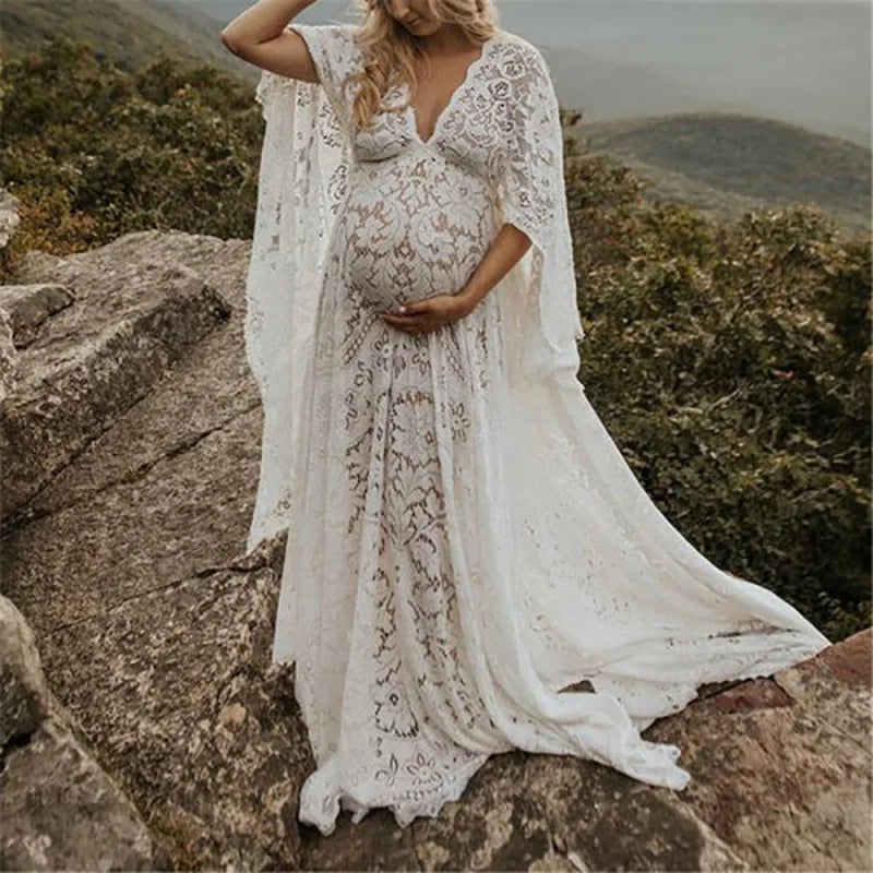 Maternity Lace V-Neck Long Dress â€“ Bohemian Batwing Sleeve Pregnancy Photoshoot Gown