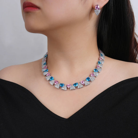 Elegant Multi Color Love Heart Cubic Zirconia Necklace Set  Wedding Bridal Necklace Earrings Costume Jewelry Set CN11332 - HER SHOP