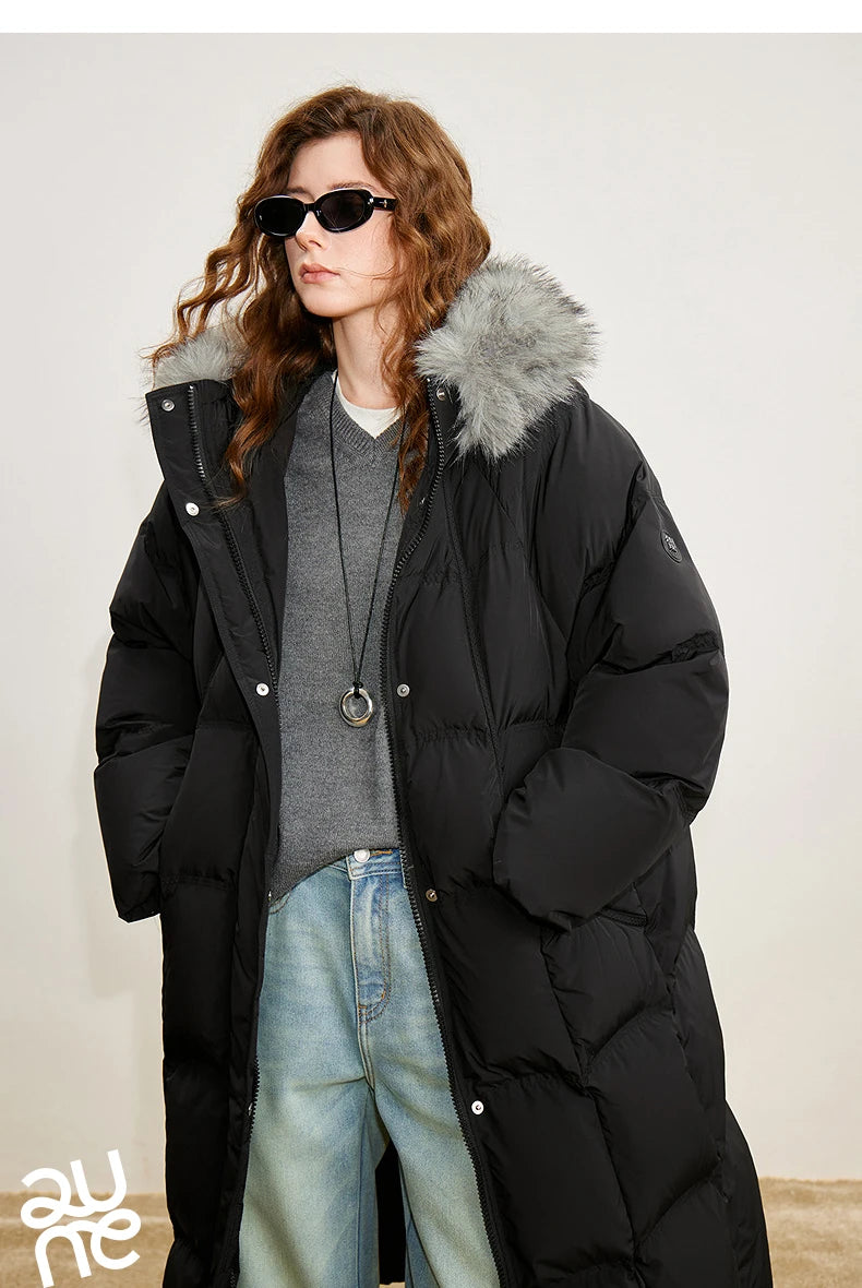 Women 90% White Duck Down Thick Down Jacket 2025 Winter New Fur Collar Hooded Extra Long Warm Jacket Coat