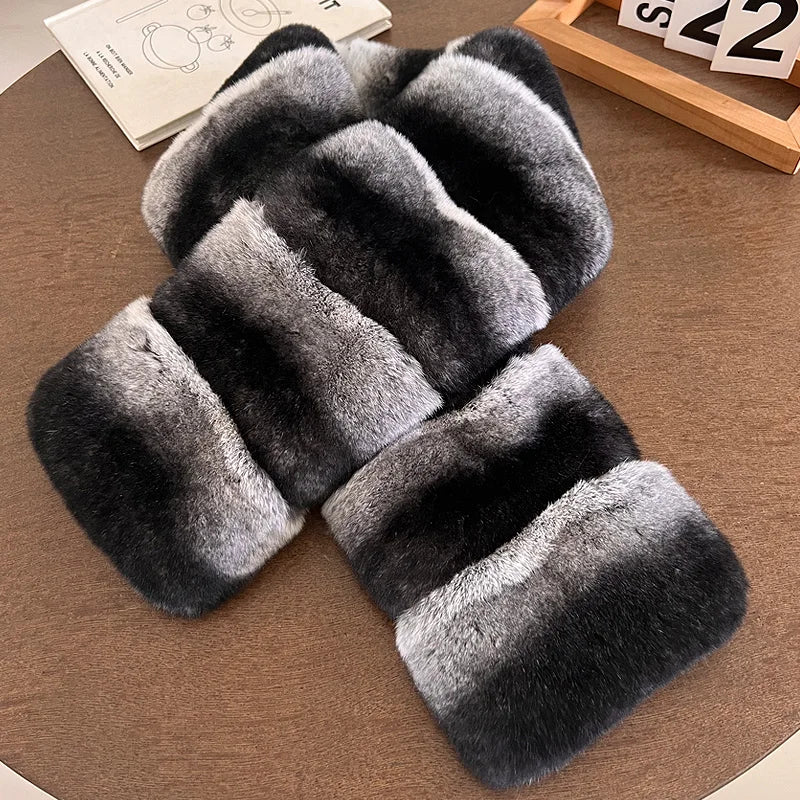 Real Natural Rex Rabbit Fur Neckerchief– Women's Luxury Winter Shawl & Double Fur Scarf, Chinchilla Style Warm Female Scarves - HER SHOP