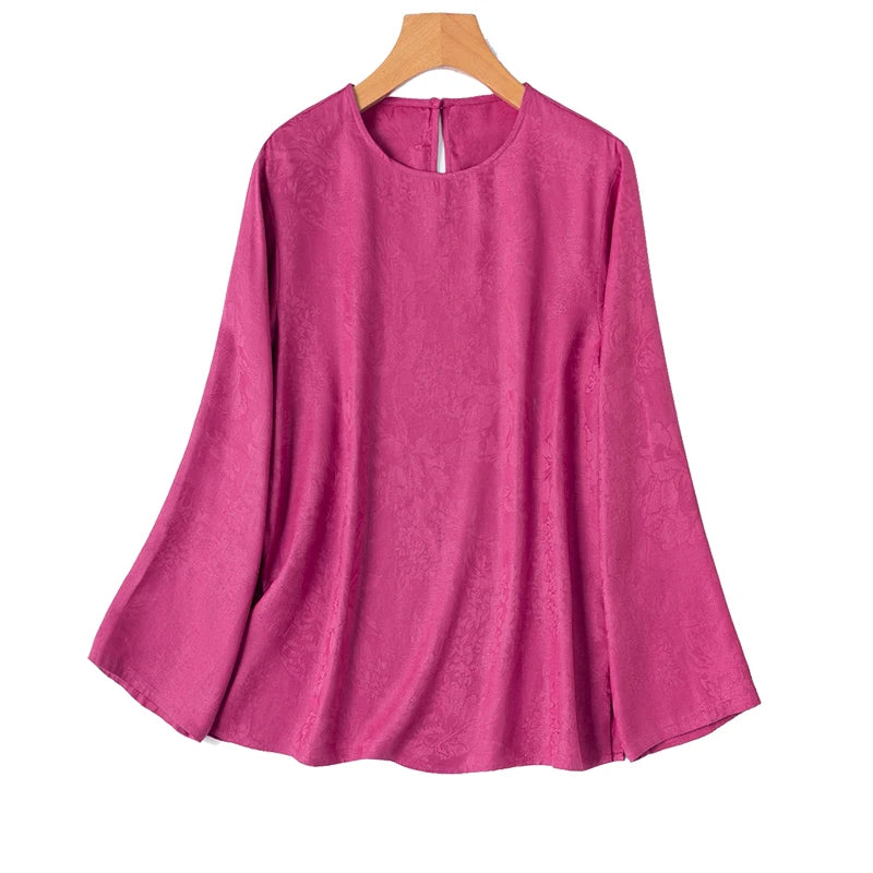 70% Mulberry Silk Cotton Jacquard Blouse – Women’s Hot Pink Long Sleeve Pullover Top