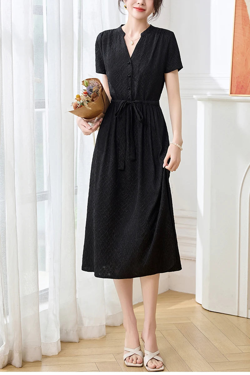 19 Momme Real Silk Elegant Fashion Dresses For Women 2026 Summer V-neck Short Sleeve Drawstring Office Lady Long Dress A-line