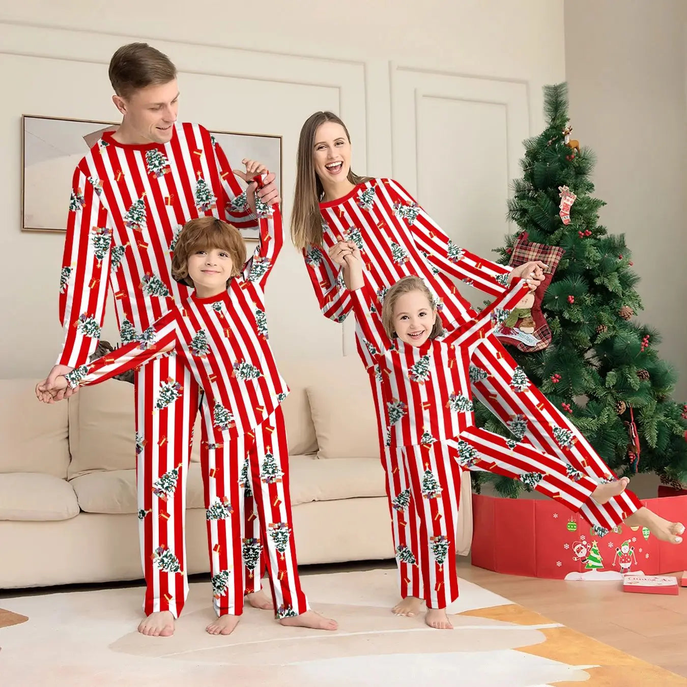Family Matching Xmas Sleepwear - Red - White Striped Christmas Tree - Printed Pajamas - HER SHOP