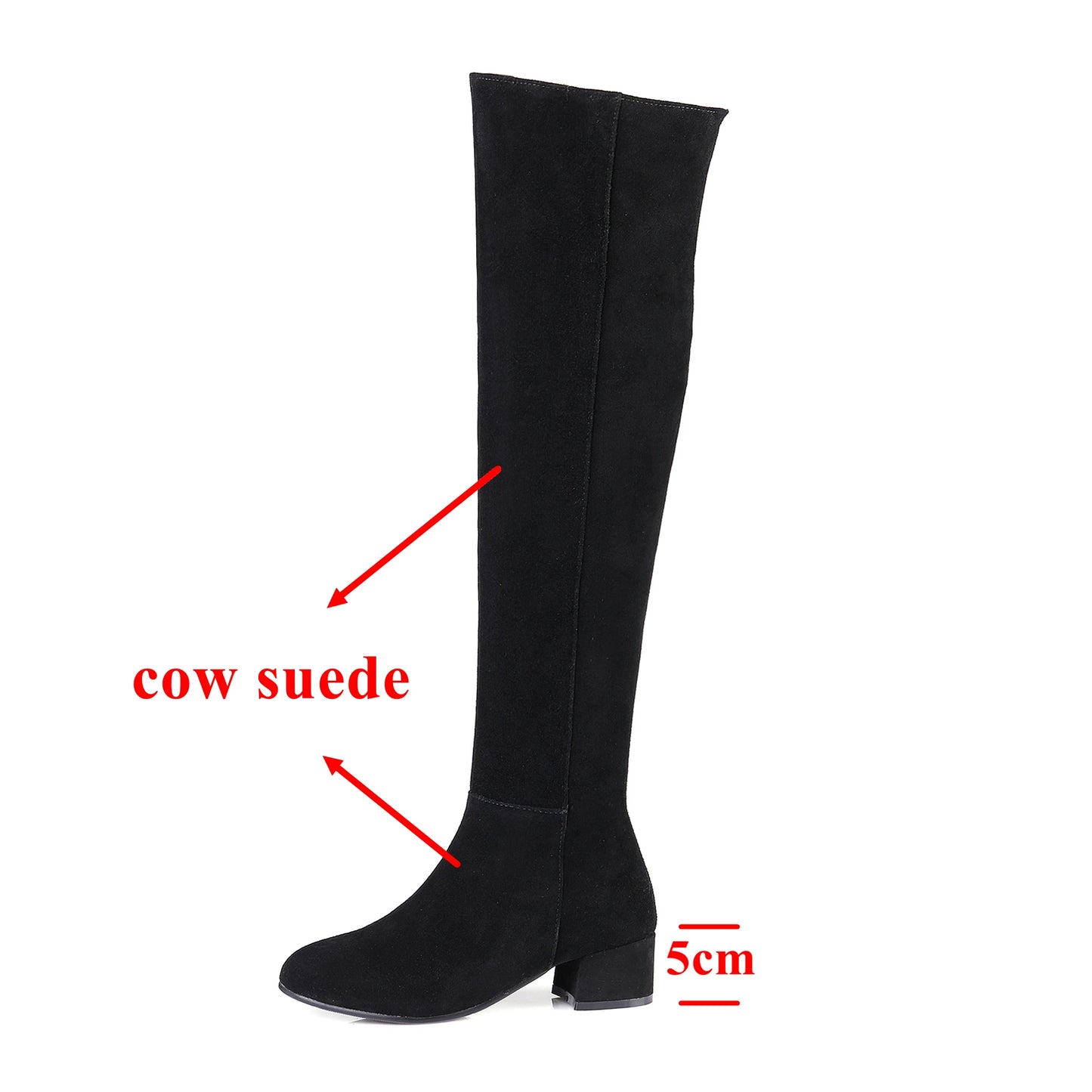 Plus Size Cow Suede Over-the-Knee High Heel Boots for Women – Retro Winter Long Boots with Zipper and Round Toe (Sizes 33–46)