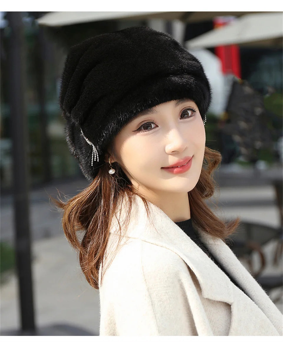 Whole Real Mink Fur Hat For Women's Caps Luxury Fashion Brand Real Fur Cap Christmas Hat Warm In Russian Winter Lady Fur Hat