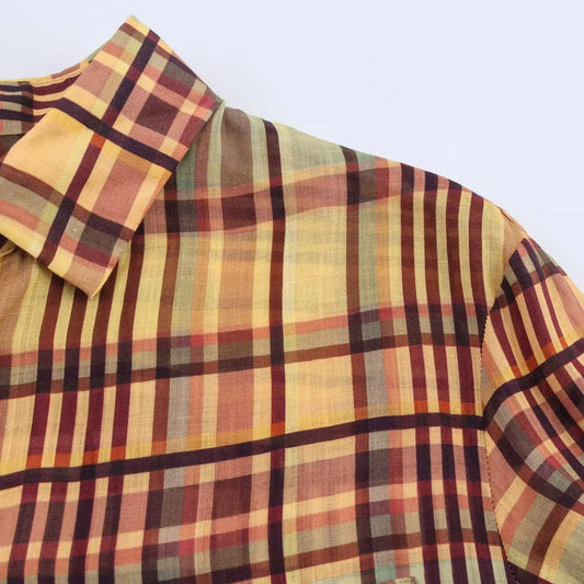 Spring New Women’s Fashionable Linen Plaid Shirt – Loose Fit French Style, Polyester Fiber, Long Sleeve, Non-Shrink - HER SHOP