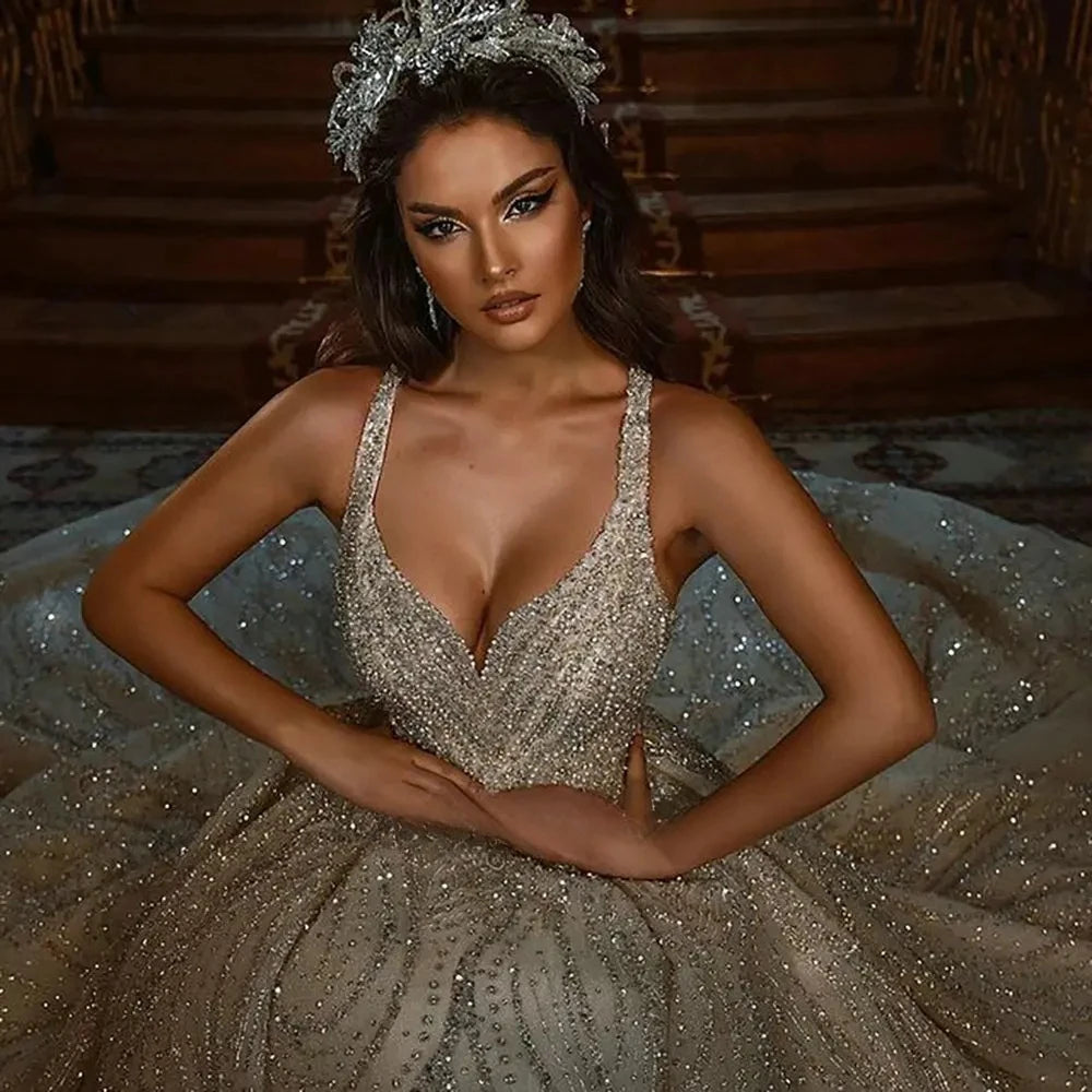 wedding dresses with beading and crystals Swarovski Crystals Beaded Shiny Wedding Gown with Rhinestone Embroidery High Neck Piece