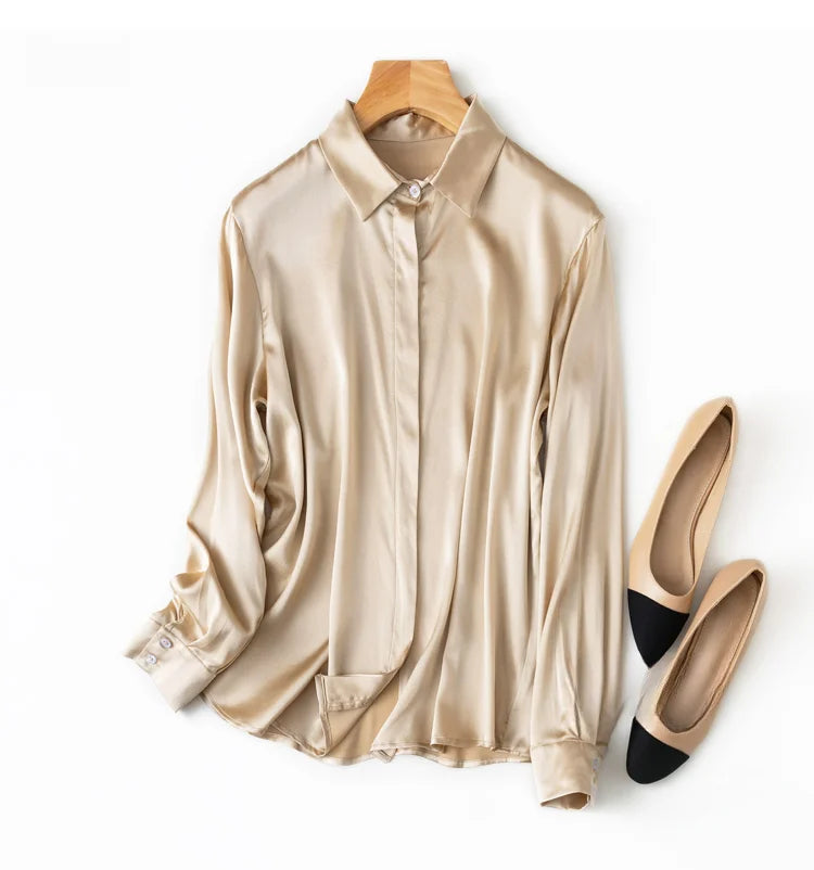 Women's 93% Mulberry Silk 7% Spandex 19 momme satin Silk Buttons down long sleeve shirt Top Blouse office work M L XL MM161
