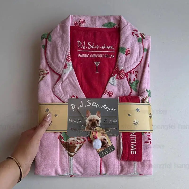 Women’s Cotton Cartoon Pajama Set – Long Sleeve Shirt & Pants Holiday Loungewear