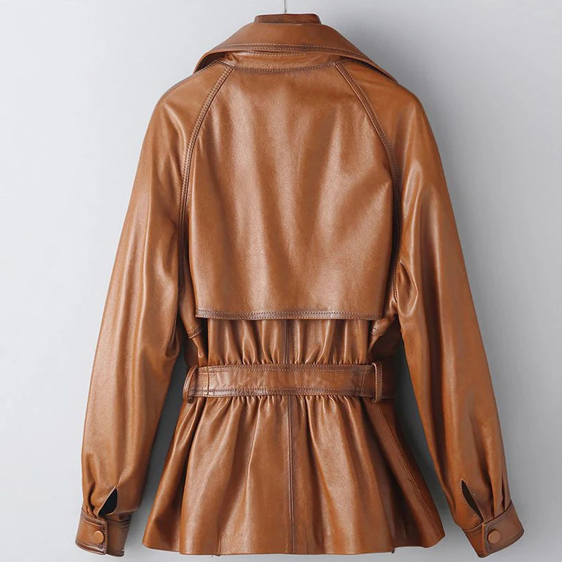 Vintage Brown Real Sheepskin Leather Jacket for Women – Lapel Collar Belted Design, First-Layer Leather, Casual Fashion Outerwear