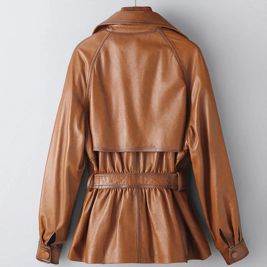 Vintage Brown Real Sheepskin Leather Jacket for Women – Lapel Collar Belted Design, First-Layer Leather, Casual Fashion Outerwear - HER SHOP