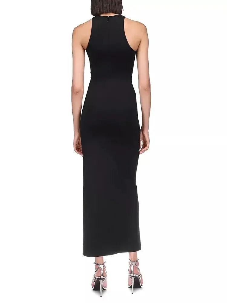 Black Sleeveless Maxi Bandage Dress with Diamond Flower Detail - Elega HER SHOP Black Sleeveless Maxi Bandage Dress with Diamond Flower Detail - Elega HER SHOP