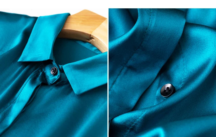 Tajiyane Women's 93% Mulberry Silk 7% Spandex 19 momme satin Silk Buttons long sleeve shirt Top Blouse office work chemise femme