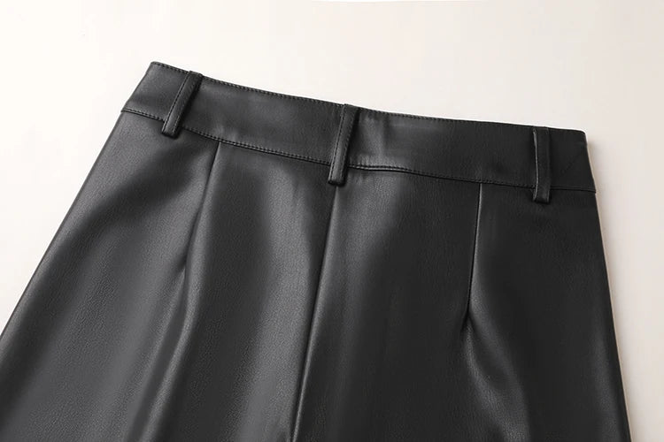 Fall Winter Fleece Loose Wide Leg Warm Leather Pants Women Button Pocket High Waist Thick PU Casual Straight Pants