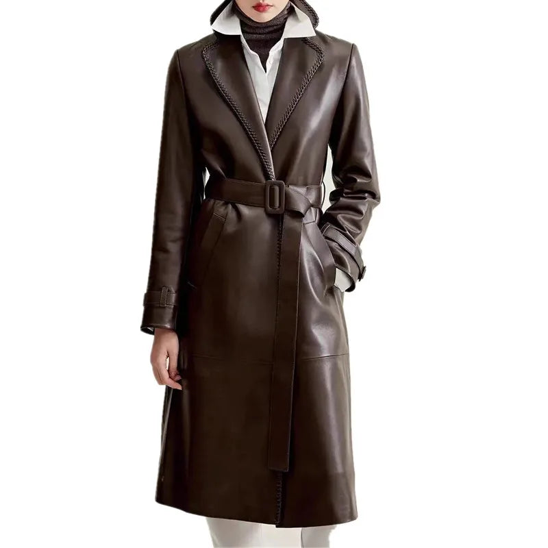 Women's Genuine Leather Trench Coat Lace-Up Long Slim Fit Spring Autumn Sheepskin Top
